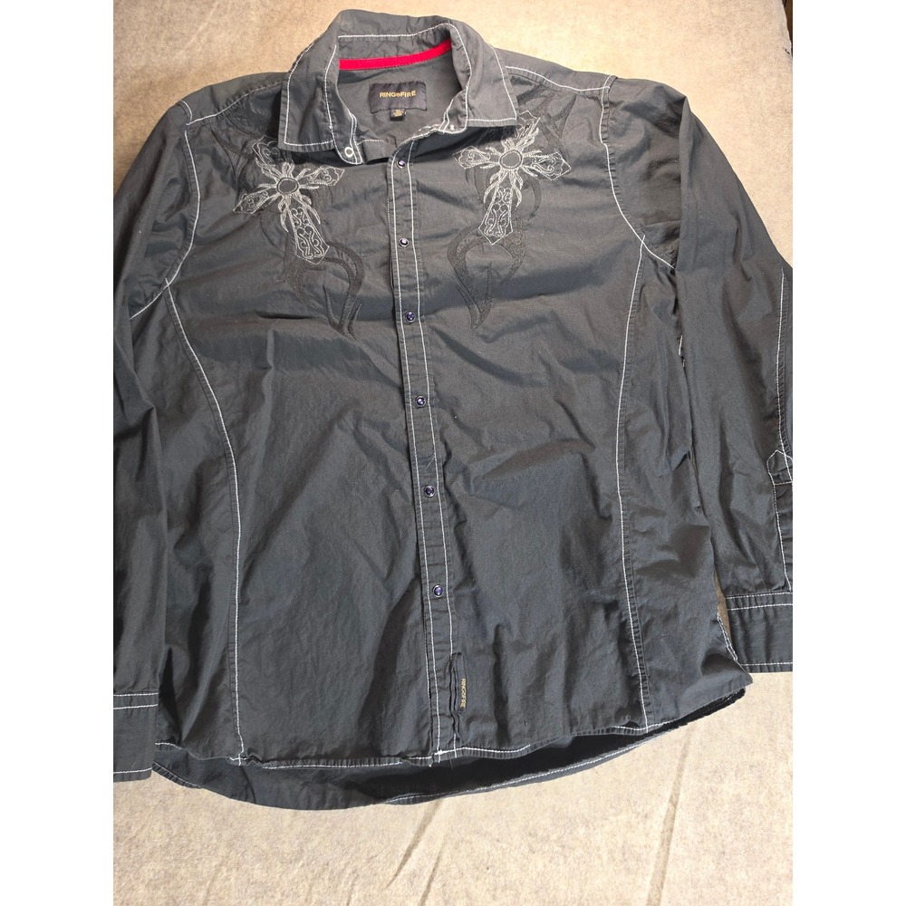 Ring‎ of Fire Mens XL Black Button Down Shirt Cross Embroidered Contrast Stitch